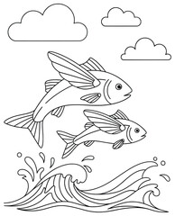 Fish vector illustration featuring two flying fishes jumping above splashing ocean waves with clouds in the sky in a clean cartoon line art style perfect for coloring book pages and artworks