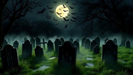 spooky graveyard under full moon with flying bats