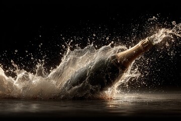 Champagne bottle exploding, liquid splashing dramatically on dark background