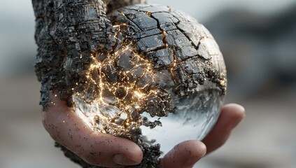 Hand holds fractured sphere, dark charred exterior, inner light