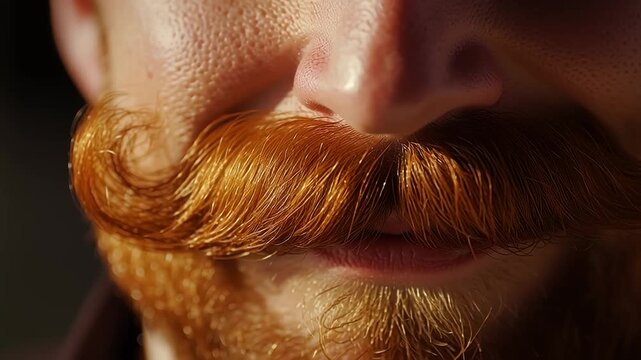 Close-Up of Thick Curled Moustache on Mans Face with Detailed Hair Texture	
