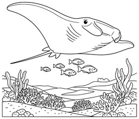 Manta ray swimming underwater above coral reef with fish and ocean plants illustrated in bold clean cartoon line art style as a detailed vector design perfect for coloring books and creative projects