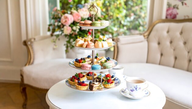 Elegant tiered dessert stand with various pastries and tea