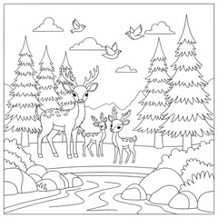 Deer vector illustration of a family with one adult and two young deer standing in a forest landscape with pine trees mountains river rocks and birds in a detailed black and white outline drawing