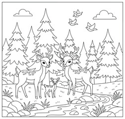 Deer vector illustration of a family with two adults and a fawn standing in a forest clearing with pine trees stream rocks grass and birds in a detailed black and white outline drawing © Crafter