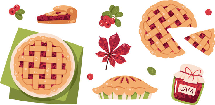 Autumn Elements Set. Flat Illustration with Berry Pie, Jam Jar, Lingonberries, Leaves. Thanksgiving Design for Sticker, Card, Poster, Seasonal Packaging. Ideal for Harvest Theme, Holiday Decor