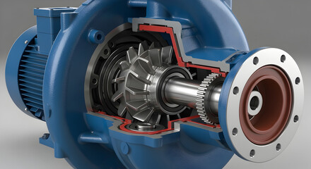 Blue Centrifugal Pump Cross Section With Silver Impeller and Gear on a Gray Background Illustrating Mechanical