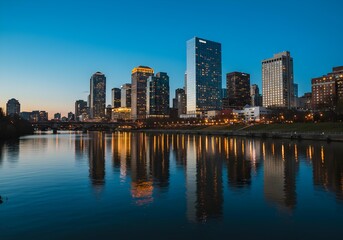 Obraz premium Stunning city skyline at blue hour, with illuminated skyscrapers reflecting beautifully in the calm river.