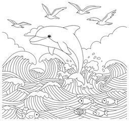 Dolphin vector illustration of marine animal jumping above ocean waves with flying seagulls and swimming fish in a detailed black and white outline drawing