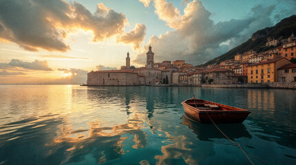 Scenic coastal town with historic stone buildings and church towers at sunset, boat floating on calm sea