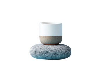 Minimalist White and Gray Ceramic Cup on Smooth Pebble Rock with Transparent Background