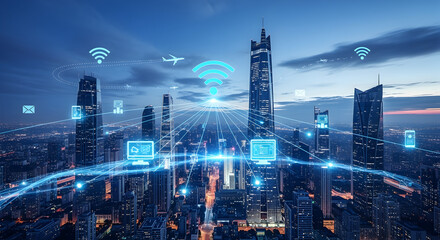 Blue Hour Cityscape with Digital Networks and Glowing Icons Representing Global Connectivity and Modern Technology