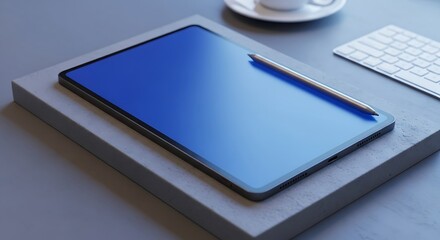 Modern Tablet with Stylus on Concrete Block, Minimalist Workspace Setup