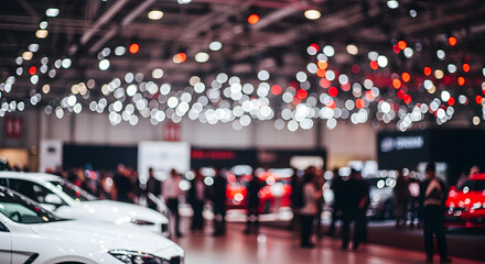 Blurred Car Exhibition Hall with Trade Show Visitors and Decorative Lights Showcasing Vehicles in Indoor Trade Setting