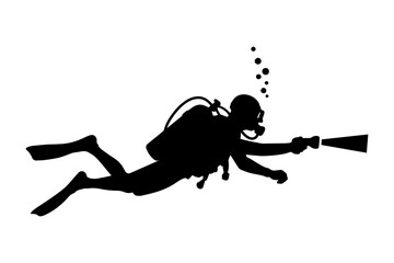 Silhouette of a scuba diver swimming underwater with flashlight