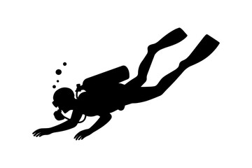 Silhouette of a scuba diver swimming underwater