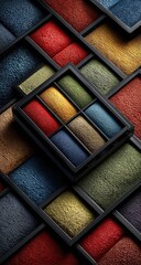 Fototapeta premium Close-up of a multicolored eyeshadow palette, with various shades of red, gold, brown, teal, and green. The palette is arranged diagonally within a complex pattern of textured eyeshadows