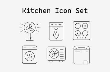 A Minimalist Kitchen Icon Set Featuring Six Essential Appliances and Devices in Clean Line Art Style