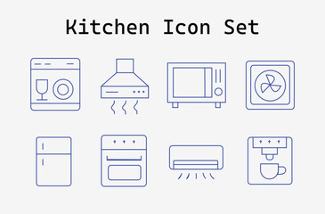 Blue Line Art Kitchen Appliance Icons Representing Essential Home Equipment for Cooking and Cleaning Tasks