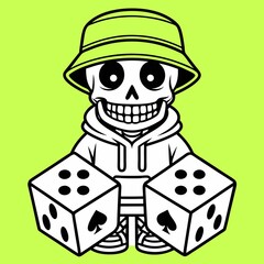 Cool Skull Character Holding Dice:  Gambling, Hip Hop, Cartoon Style, Vector Illustration