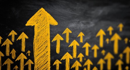 Yellow chalk arrows, a prominent upward trend on a dark background