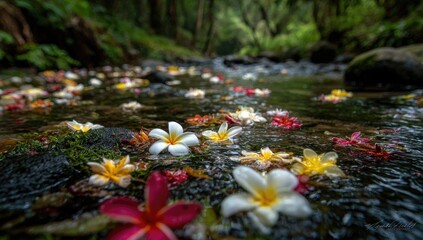 Stream bed strewn with blossoms