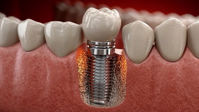 Dental implant , titanium screw tooth replacement in human gum, 3d medical rendering of prosthetic dentistry, oral surgery implantology concept, periodontics treatment, dental restoration 