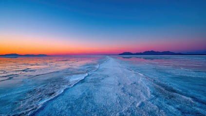 Frozen lake at dawn, vibrant colors.  Sunrise reflects on icy expanse, leading to distant mountains