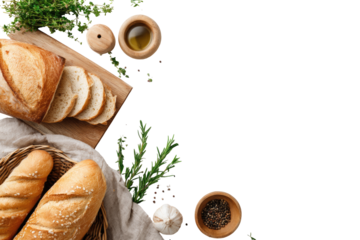 Freshly baked loaves of bread and herbs