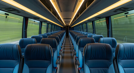 Bus Interior with Rows of Empty Blue Seats Lit Aisle and Glimpses of Outdoors