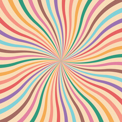 Groovy retro swirl burst, summer and carnival background. swirling radial. spiral twirl sunburst psychedelic pattern. candy background