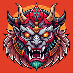 Intricate japanese oni mask with fierce expression and golden accents isolated on white background isolated on transparent background