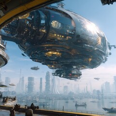 Futuristic cityscape with hovering craft