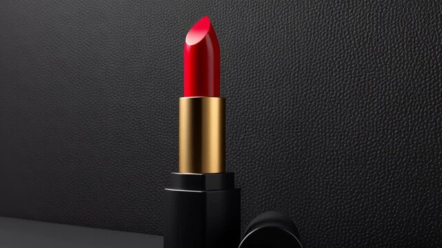 Red lipstick gold tube black case luxury cosmetic beauty product elegant makeup fashion accessory glamour bold color black cap isolated beauty makeup