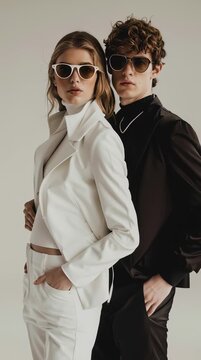 High Fashion Editorial Photo of a Stylish Couple in Modern Golf Wear, Minimal Studio Background, Clean Lighting, Elegant Pose, Luxury Sportswear, Cinematic Composition
