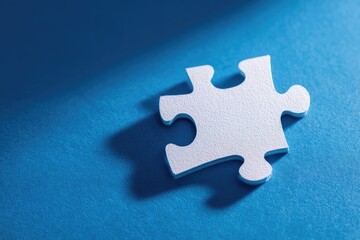Obraz premium Single white jigsaw puzzle piece on deep blue surface