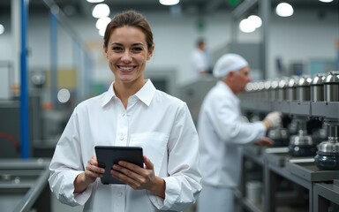 Young Caucasian smiling supervisor in sterile white uniform using tablet while standing in food plant. In background older one worker controlling machine. High quality