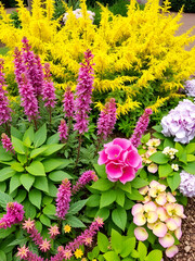 Obraz premium mixed border in summer garden with yellow spirea japonica, pink astilbe, hydrangea. Planting together shrubs and flowers