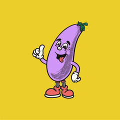 Groovy eggplant character in retro cartoon. Mascot, vector, icon, colection, sticker, vintage, illustration, set, funny, logo, comic, vintage, line art, logo, vegetable, veggies