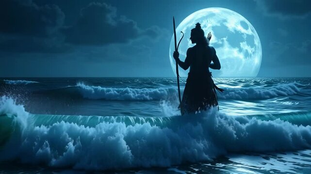 Lord Rama's silhouette emerges from ocean waves, symbolizing faith and devotion in a dynamic, spiritual video.