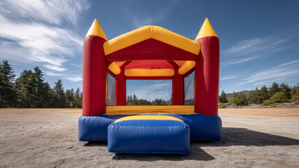 Inflatable bounce house in an open field with blue sky.