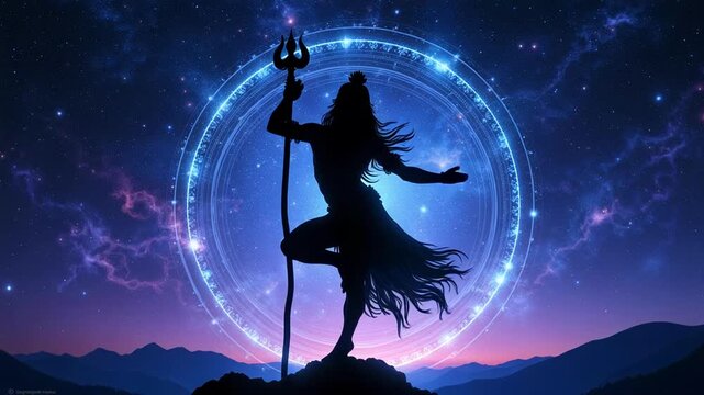 Dynamic silhouette of Lord Shiva in cosmic dance, representing creation, preservation, and destruction, embodying divine energy and spiritual enlightenment.