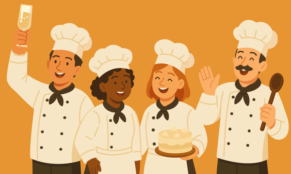Flat vector illustration of happy chefs team in uniform holding cake, champagne, and kitchen tools. Perfect for culinary events, restaurant design, menus, and food industry projects.