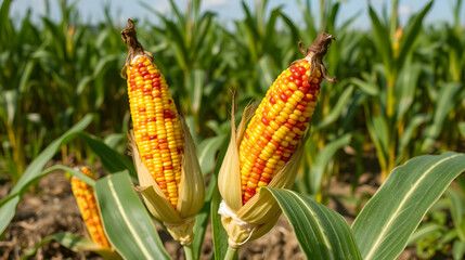 Obraz premium Corn cobs in corn plantation field.