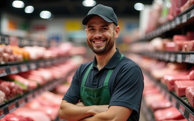 Meat department seller standing at supermarket and smiling at the camera. High quality
