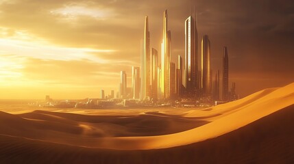 Futuristic city skyline at sunset over desert sands