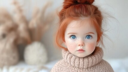 Red-haired woman with blue eyes and freckles poses in a sweater.