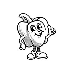 Fototapeta premium Groovy paprika character in retro cartoon. Mascot, vector, icon, colection, sticker, vintage, illustration, set, funny, logo, comic, vintage, line art, logo, vegetable, veggies, coloring book