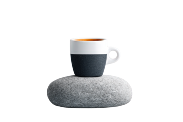 Minimalist Coffee Mug Black White on Smooth Gray Stone Against Transparent Background