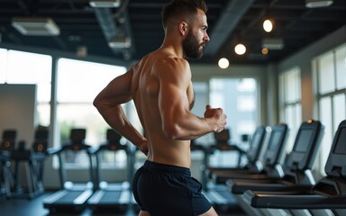Side view of fit sportsman in shape running on treadmill at gym. High quality